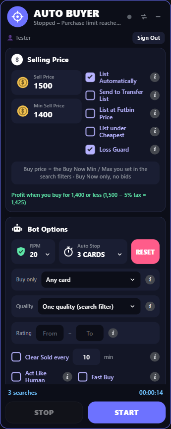 The FC Auto Buyer panel inside the FC 27 Web App